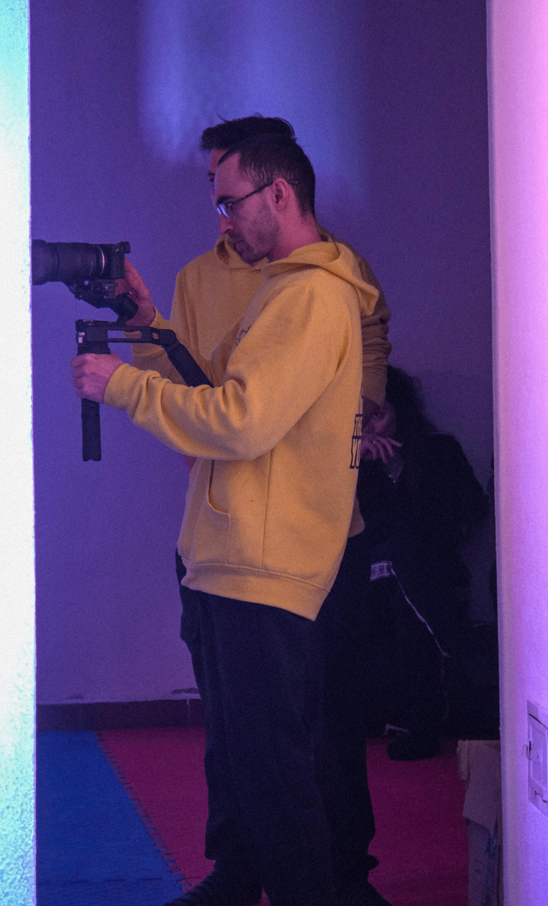 Slobodan operating a gimbal-mounted camera on set