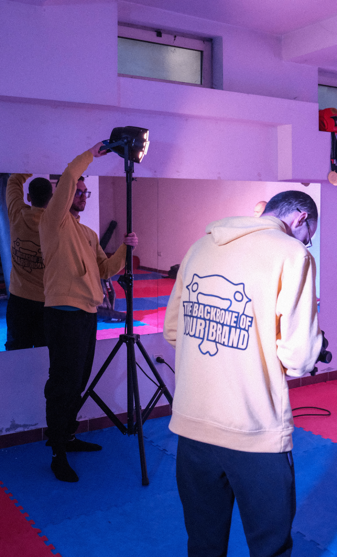 The crew setting up lights for a shoot